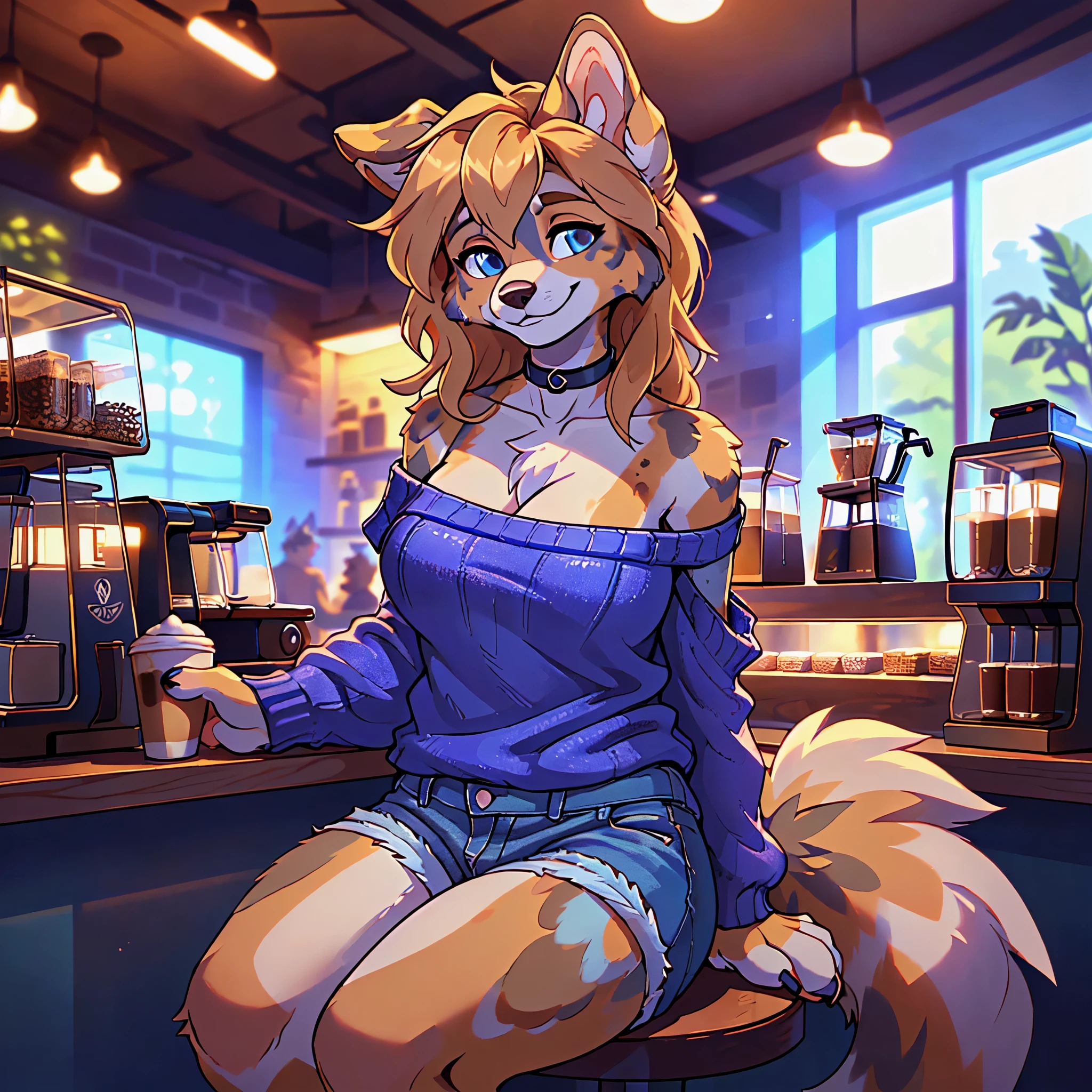 (((sfw))), masterpiece, top quality, best quality, highly detailed, 8k, super high resolution, absurdres, perfect anatomy, (((solo focus, depth of field))), ((looking at viewer, half-closed eyes, smile, sitting, arms behind back)), (((furry female anthro australian shepherd))), (adult), (((furry anthro australian shepherd body))), ((detailed eyes, detailed body fur, chest tuft, anthro canine tail)), ((deep blue eyes)), hazel hair, ((long hair, spiky hair)), (muscular, hourglass figure, large breasts, toned legs), (((bright blue off shoulder sweater, cleavage, denim shorts, choker))), ((coffee shop, detailed background, cinematic lighting))