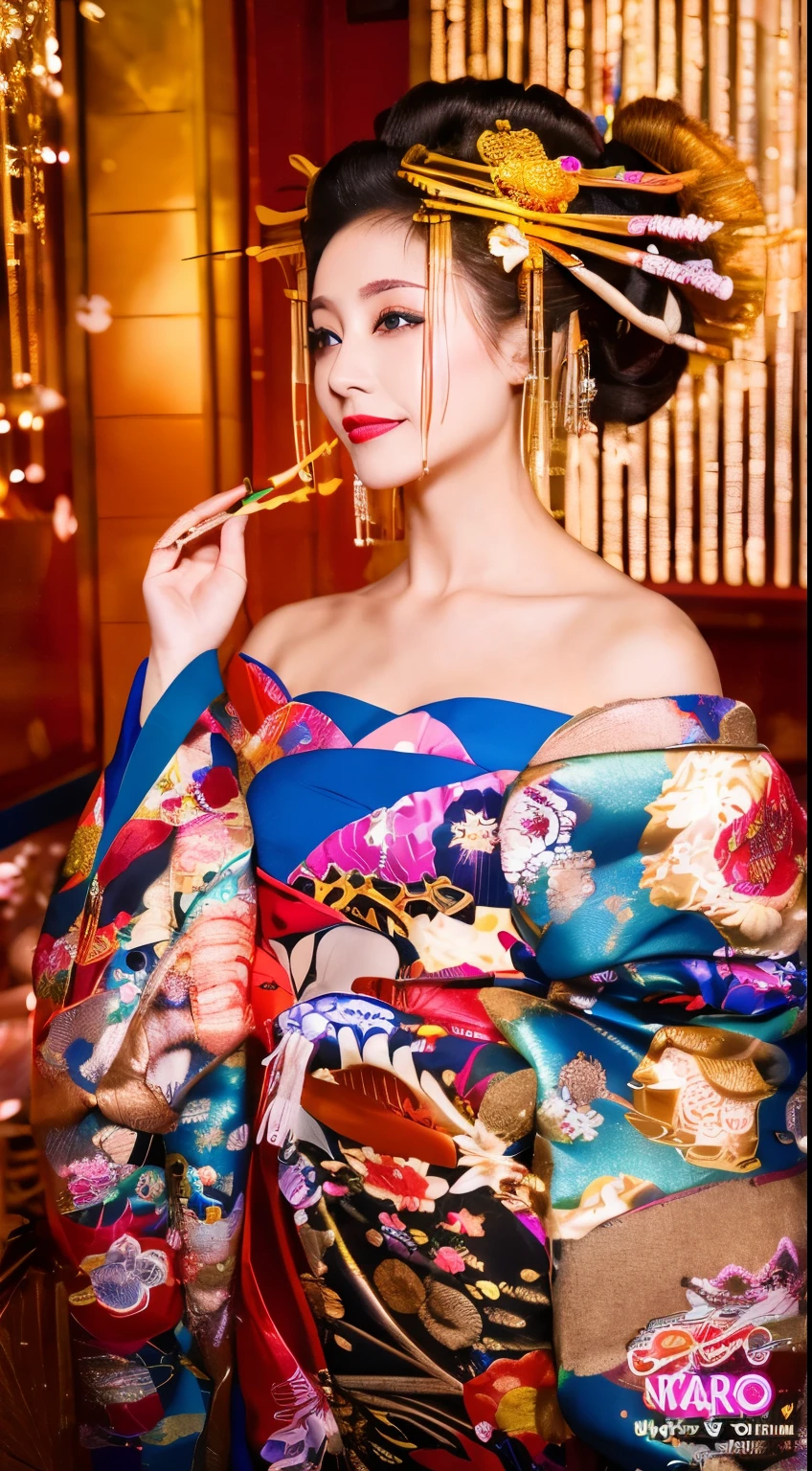 ((masterpiece(:1.4)，Highest quality，Ultra-high resolution，Highest quality，8k，Extremely detailed，In detail))。night，Fireworks display，Japanese，A beautiful woman，Big Breasts，Flashy gal makeup，Oiran，Long-sleeved kimono，Uchikake，Gold brocade，Sunny clothes，Hair tying，hairpin，hair ornaments，geta，Oiran道中，Gorgeous and luxurious，(Fireworks displayのnightに河川敷で花火を背景にしたスナップ写真)，Emphasize the chest，Show your shoulderove the dress up to the shoulders，