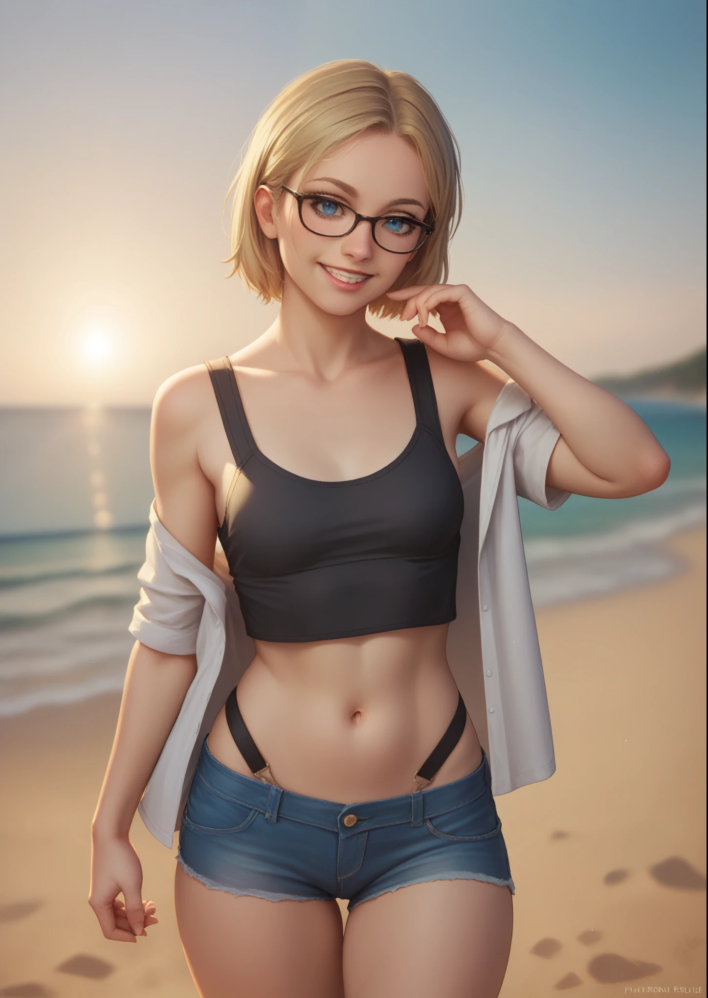 1girl, cassie_drake, short hair, blonde hair, blue eyes, glasses, small breasts, black tank top, long shirt, off-shoulder, bra straps, denim shorts, short shorts, wide hips, smile, solo focus, cowboy shot, dynamic pose, beach, shore, lighting, shadows, blurry background, source_realistic, (score_9, core_8_up, score_7_up, score_6_up)