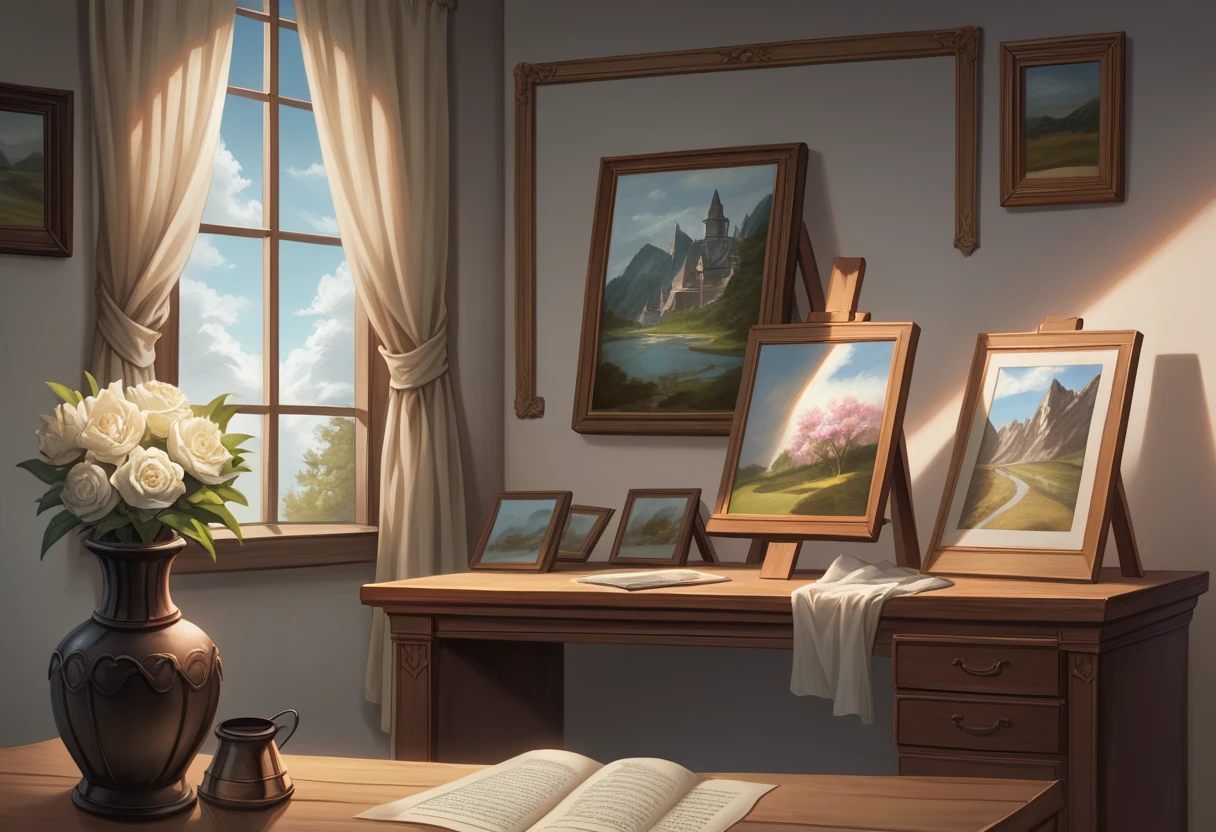 painting of a desk with a lamp, a vase, a vase of flowers, and a window, detailed painting 4 k, detailed realism in painting, detailed 4 k oil painting, 8 k hd detailed oil painting, super detailed oil painting, very detailed painting, highly detailed painting, highly detailed 4 k painting, 4 k highly detailed art, extremely detailed painting