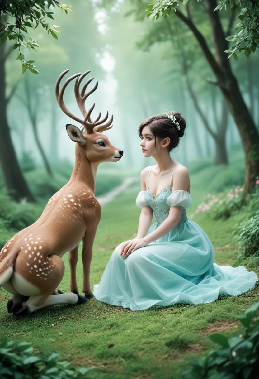 twinkling，Dimensional Polymerization，Seven-Colored Deer Guardian，High-resolution photos，Huge and beautiful seven-colored deer，A peaceful and dreamy scene，A little girl in Hanfu sits next to a giant seven-colored deer