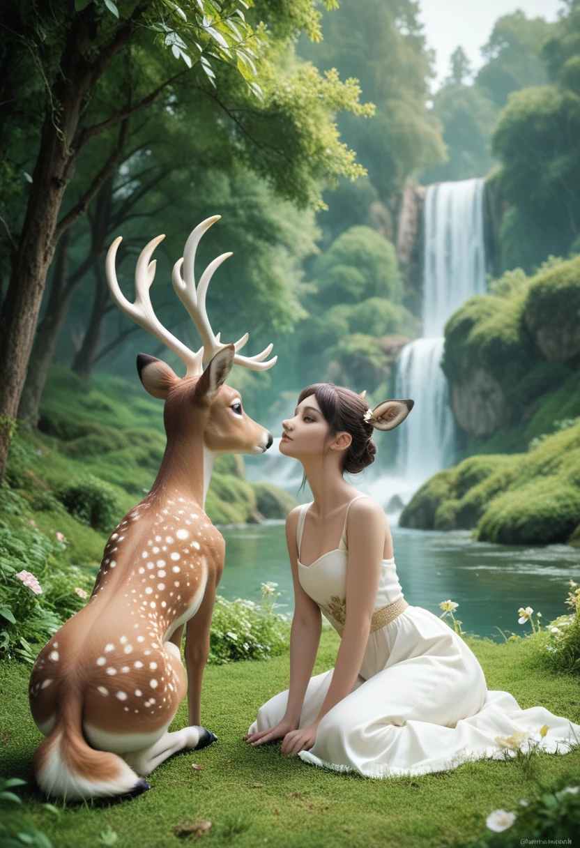 twinkling，Dimensional Polymerization，Seven-Colored Deer Guardian，High-resolution photos，Huge and beautiful seven-colored deer，A peaceful and dreamy scene，A little girl in Hanfu sits next to a giant seven-colored deer