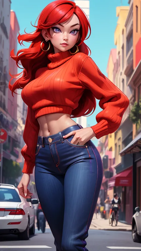 (masterpiece, best quality, high quality),(no nsfw),nishikino maki, red hair, purple eyes, cowboy shot,low waisted pants, tight ...