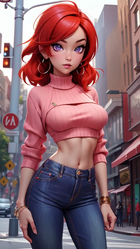 (masterpiece, best quality, high quality),(no nsfw),nishikino maki, red hair, purple eyes, cowboy shot,low waisted pants, tight ...