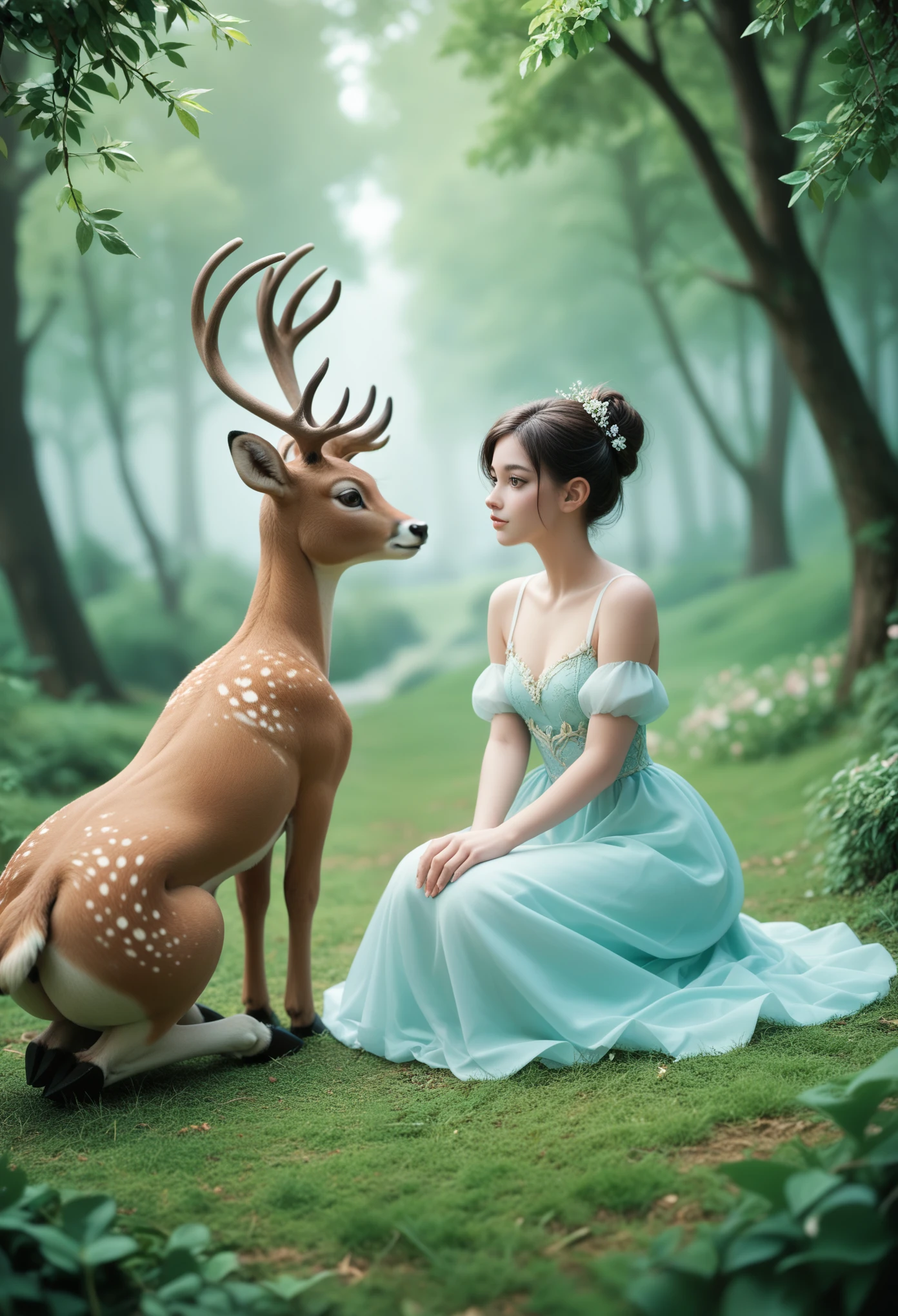 twinkling，Dimensional Polymerization，Seven-Colored Deer Guardian，High-resolution photos，Huge and beautiful seven-colored deer，A peaceful and dreamy scene，A little girl in Hanfu sits next to a giant seven-colored deer