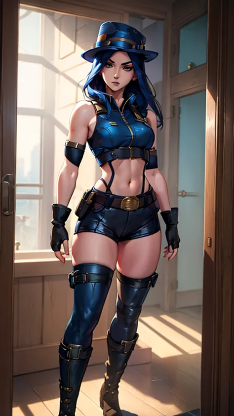 1 girl, solo, Caitlyn, long dark blue hair, hat, small breasts, fleshy legs, tight police clothes, fingerless gloves, boots, thi...