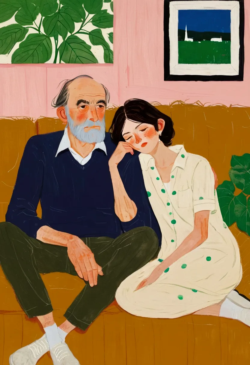 A man&#39;s sitting on a couch with his head in his hands, author：Alex Katz, inspired author：Alex Katz, Inspired by Chantal Joff...