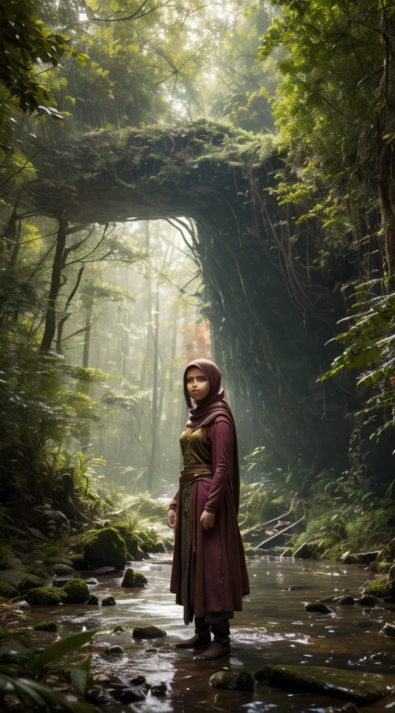 Craft a captivating photomanipulation with the Malay girl in hijab as the main character, set in a mystical and enchanted forest. Draw inspiration from scenes in fantasy classics like 'The Lord of the Rings,' emphasizing magic and wonder.