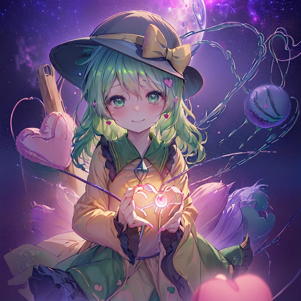 (((((East、Koishi Komeiji、Make a Third Eye Heart、Close-up　Galaxy Background、Shine)))))　((((Falling from the sky　Green Hair　Lots of hearts、Pink))))　(((Smile、tears　front)))　((Entangled ivy　White Rose))　(Big full moon　Light)　Shine背景　Lightの粒子, Shineエッジ