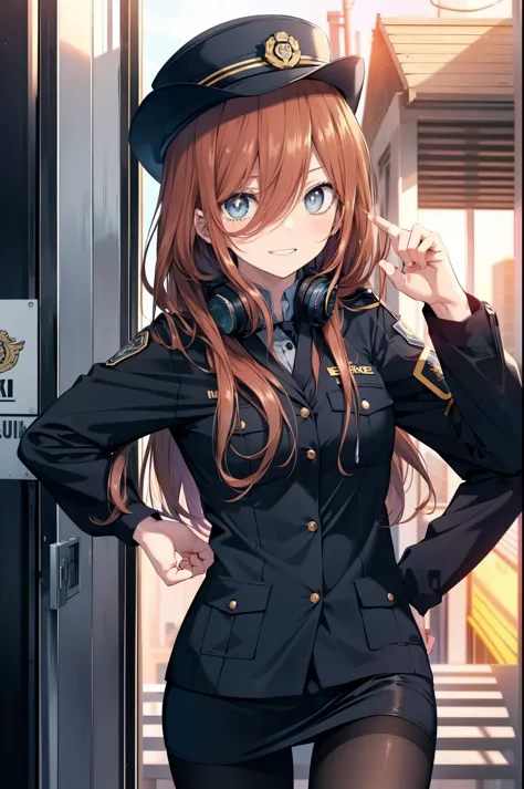 miku nakano, nakano miku ticket iii, long hair, bangs, blue eyes, brown hair, hair between the eyes, headphones ,police hat,smil...