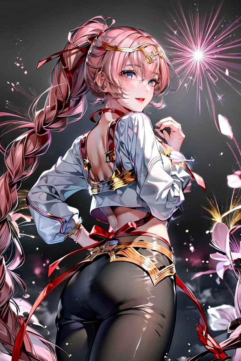 最高masterpiece、16K、最high quality、超High resolution、Detailed face、Detailed eyes、Epic Seven Style、girl、 (Wavy Ponytail, Shoulder hair, Very long hair, very thick hair),(Have beautiful eyes), smile, Happy , Big Breasts, Cleavage, Crescent moon earrings, 2 pairs of leather collars with beautiful jeweled feathers), (Hair Flower Hairpins), Using Lens Flare, chromatic aberration, Attention to detail, anime, Romanticism, About Art, Written boundary depth, Motion Blur, Dazzling Light, Film Grain, 超High resolution, retina, Accurate, masterpiece, Anatomically correct, Rough skin, Very detailed, Attention to details, high quality, Awards, 最high quality, High resolution, 16K, put your hands behind your back