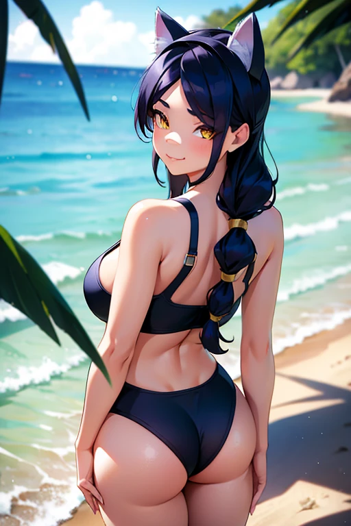 Erisa, 1girl, solo, long hair, looking at viewer, black hair, bandaid on face, yellow eyes, animal ears, smile, bandaid on nose, braid, cat ears, bandaid, bangs, breasts, fake animal ears, simple background, fang, bare shoulders, scar, bare shoulders, closed mouth, hair over one eye, portrait, hair over shoulder, legs, seductive, bathing suit, 2 piece swimsuit, beach, realistic, highly detailed face, detailed eyes, best quality, masterpiece, ultra detail, ultra high res, extreme detail, 8k, uhd, voluptuous, curvy, thick thighs, milf, butt, ass, round ass, from behind, holding up butt, 