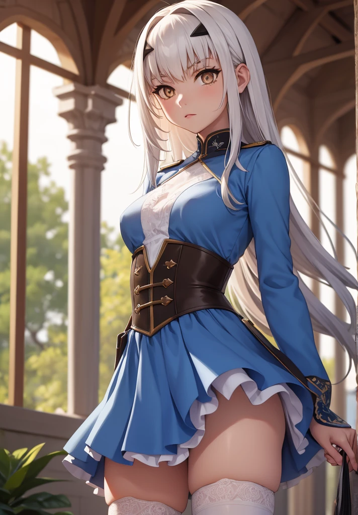 melusine, melusine, (brown eyes:1.5), long hair, white hair, sidelocks, (small breast:1.2),
BREAK blue dress, dress, frills, long sleeves, thighhighs, thighs, white thighhighs,
BREAK looking at viewer,
BREAK outdoors,
BREAK (masterpiece:1.2), best quality, high resolution, unity 8k wallpaper, (illustration:0.8), (beautiful detailed eyes:1.6), extremely detailed face, perfect lighting, extremely detailed CG, (perfect hands, perfect anatomy),