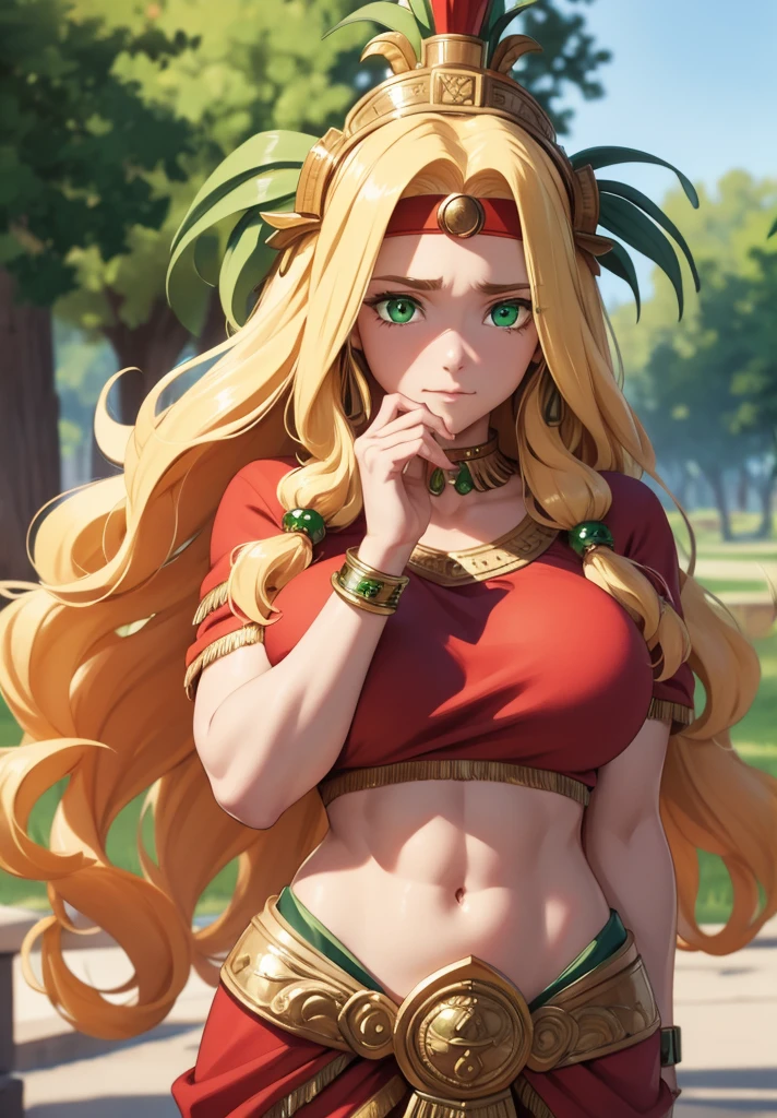 quetzalcoatl, quetzalcoatl, long hair, sidelocks, yellow hair, (green eyes:1.5), wavy hair, (large breast:1.2),
BREAK aztec, bracelet, choker, headband, headdress, jewelry, midriff, navel, short sleeves, wristlet,
BREAK looking at viewer,
BREAK outdoors,
BREAK (masterpiece:1.2), best quality, high resolution, unity 8k wallpaper, (illustration:0.8), (beautiful detailed eyes:1.6), extremely detailed face, perfect lighting, extremely detailed CG, (perfect hands, perfect anatomy),