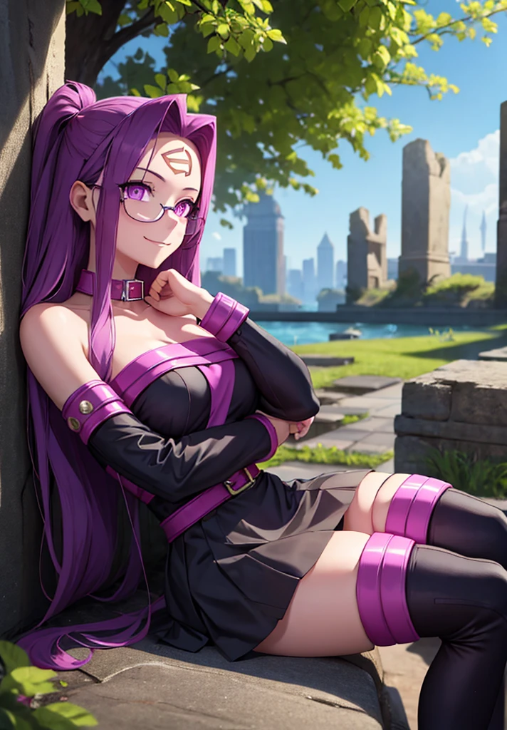 1girl, purple hair, absurdly long hair, forehead mark, purple eyes, animal collar, short dress, skirt, detached sleeves, arm belt, bracelet, thighhighs, sitting, from side, looking at viewer, smile, teeth, outdoors, ruins  score_9, score_8_up, score_7_up, score_6_up, score_5_up, score_4_up, (m-da s-tarou:0), masterpiece