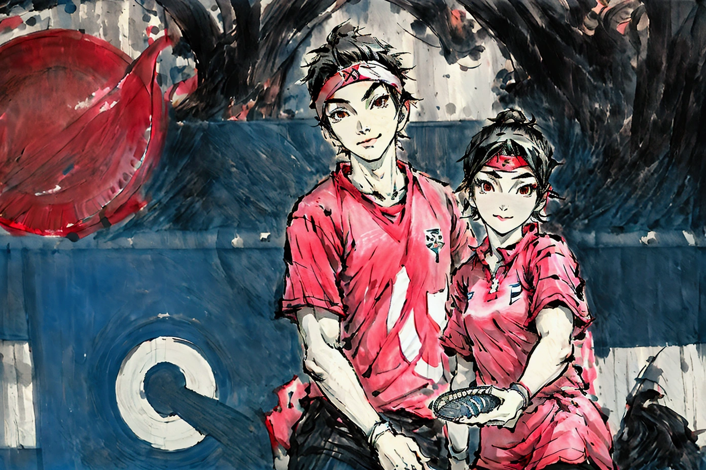 A tomboy girl with short hair and a boy with a headband?，Delicate face，Wearing red T-shirt sportswear，Black sports shorts，Hand holding table tennis racket,SmileA tomboy girl with short hair and a boy with a headband?，Delicate face，Wearing red T-shirt sportswear，Black sports shorts，Hand holding table tennis racket,Smile，Delicate face