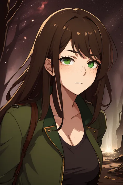 -high quality- -masterpiece- -anime style- a beautiful woman, disheveled dark brown hair, green eyes, visible freckles on her ch...