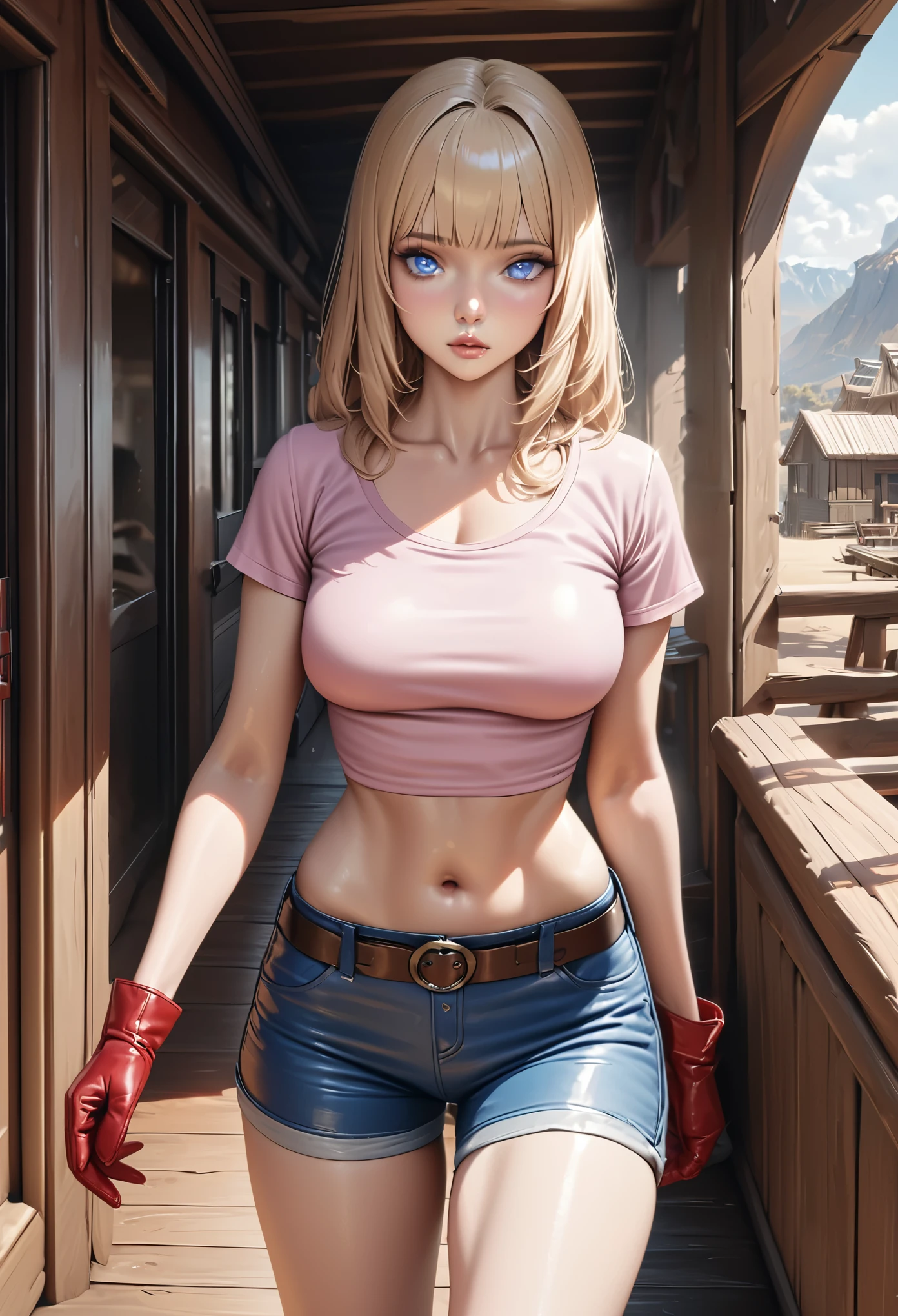 Adult girl, long and straight blonde with bangs, oval face, small lips, beautiful detailed body, beautiful detailed blue eyes, plain pink t-shirt, tight t-shirt, crop tee, scoop neck tee, beautiful detailed tummy, navel, blue shorts, red small gloves, leather shorts, low-rise shorts, brown belt with round western belt buckle, red small boots, walk, ultra realistic, ultra detailed, UHD, 1080P, best quality, masterpiece, full body, headless