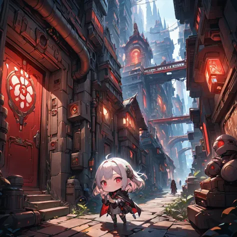 A broken android girl、chibi,3 heads、The mechanical parts are visible、cute、Wearing a cloak、Red glowing eyes、Entrance to the under...