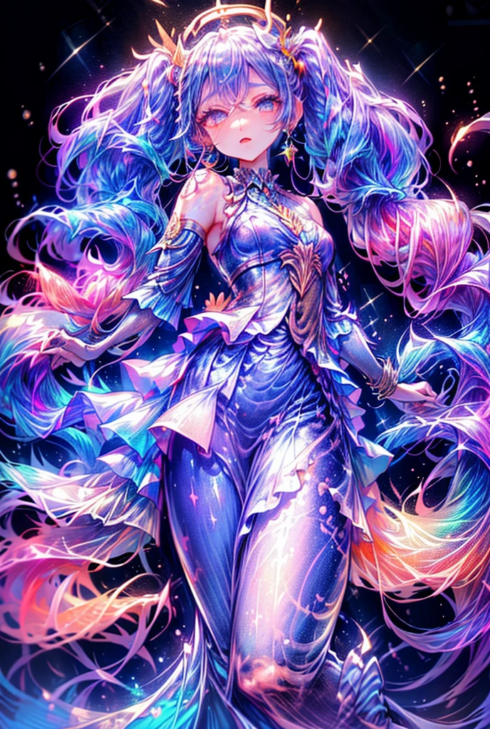 ((best quality)), ((masterpiece)), (detailed), Mona from Genshin Impact has long, dark purple twin-tails, iridescent eyes. She exudes a mystical, celestial aura. Mona from Genshin Impact with dark purple hair styled in long twintails. She's depicted as a goddess with galaxy-like hair adorned with stars and halos, giving her an ethereal and cosmic appearance. Show her in an ascending, goddess-like pose, emphasizing her supreme and evolved deity form. The art style should be reminiscent of high-quality gacha game splash art and anime tarot cards, with a full-body view. Ensure the piece is of the best quality, highly detailed, and clearly inspired by Genshin Impact, winx, enchantix. Cinematic composition, cinematic angle. Detailed face, pretty. Perfect anatomy, perfect body.