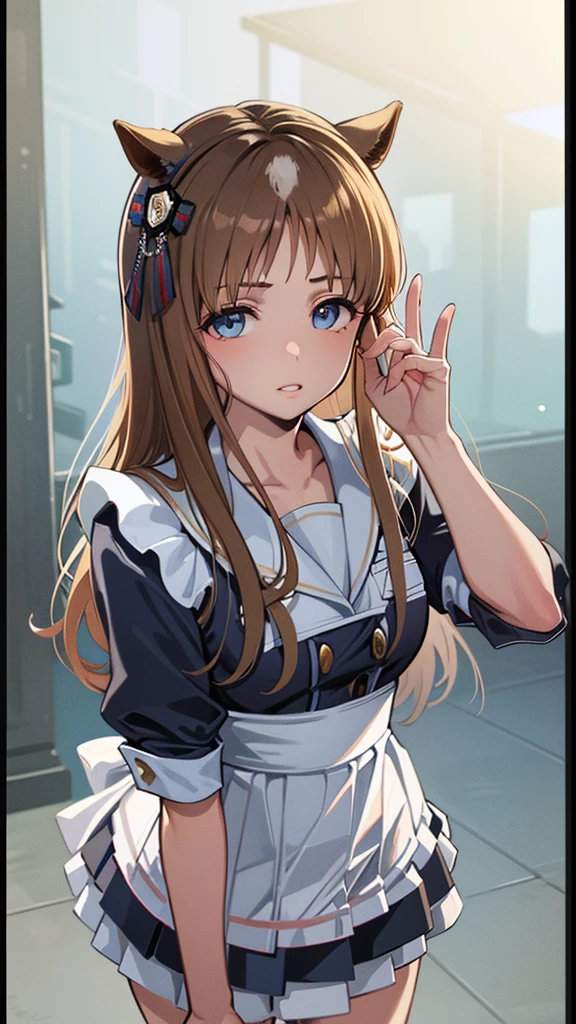 (Miniskirt maid outfit:1.3)、(gesture:Put your fingertips to your lips:1.2)、(Perfect hands, Perfect anatomy),(Perfect body structure),((arms two)),((legs two)),(((masterpiece, best quality, high resolution, super high resolution, perfect pixel, written border depth, 4K, RTTX10.0))), Super detailed, HDR, Studio Lighting, Sharp Focus, Bright colors, Portrait, Warm tones, Soft Lighting,