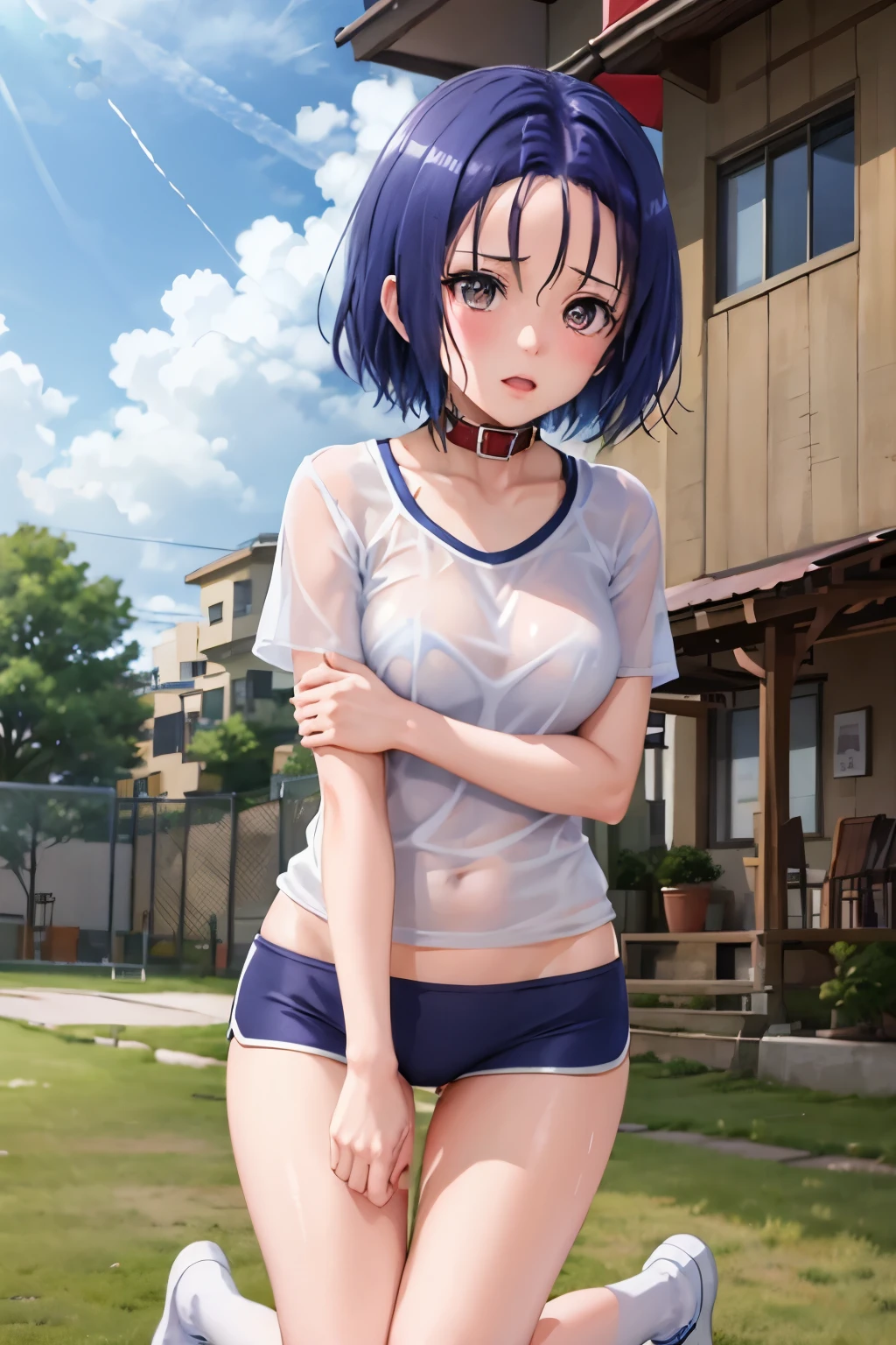 Haruna Sairenji、To Love-Ru、Blue Hair、Bobcut、Hairpins x 2、Show your forehead、high school girl、White gym clothes、Navy Blue Bloomers、Soaking wet、Wet gym clothes、Sheer gym clothes、You can see through the bra、See-through underwear、first round、Embarrassing、blush、Watery eye、tearoist eyes、（（（ＳＦＷ、sound、Highest quality、first-clasasterpiece、Normal body、8k、Detailed face、Ultra-precision、Normal hand、Normal finger、５Finger、Highest）））、Full body view、School、Backyard of the gym、Thundercloud、heavy rain、Downpour、soaked、Outdoor、On all fours、Dog collar、リード付きfirst round、first roundを付けられた、first roundに鎖、first roundにリード、first roundのリードを引っ張られている、first roundの鎖を引っ張られている、first roundの縄を引っ張られてOn all foursで歩いている、On all foursで歩く、Taut rope、Being at the mercy of、Scared