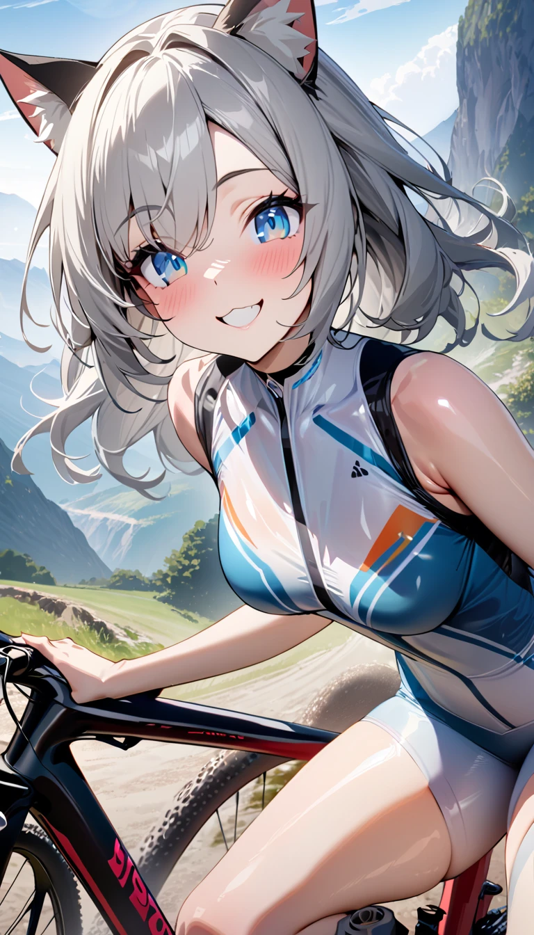 silver bob､ 1 girl, (((best quality)), ((masterpiece)), (details), masterpiece, best quality, high quality, super detailed, perfect face, ((1 girl, Blue eyes, Cat ears: 1.3 silver bob: 2.5,)),Shiny Hair、Shiny skin、smile、Alluring expression、Outdoor、cycling、Ride a mountain bike、Mountain trail、sunny、