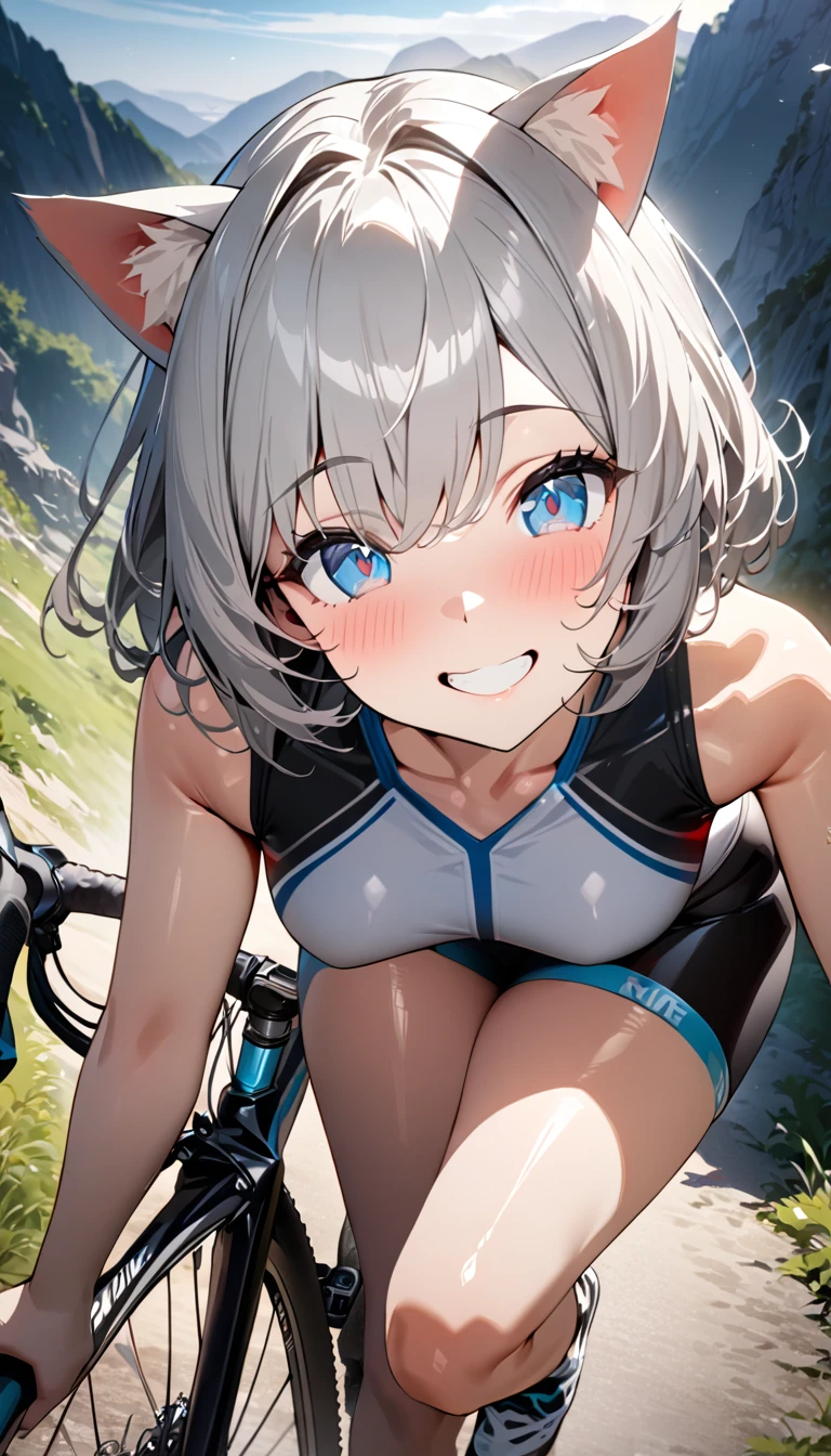 silver bob､ 1 girl, (((best quality)), ((masterpiece)), (details), masterpiece, best quality, high quality, super detailed, perfect face, ((1 girl, Blue eyes, Cat ears: 1.3 silver bob: 2.5,)),Shiny Hair、Shiny skin、smile、Alluring expression、Outdoor、cycling、Ride a mountain bike、Mountain trail、sunny、