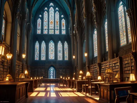 a fantastical old library, bioluminescent mineral gems illuminating the interior, large stained glass window in the background, ...