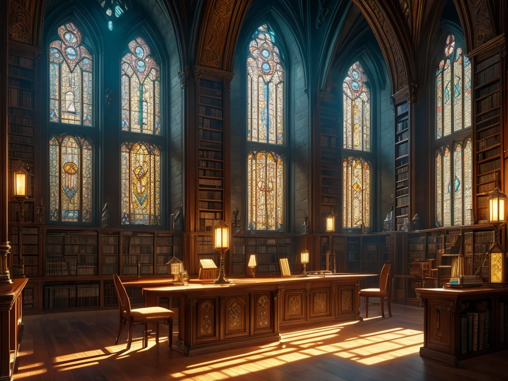 a fantastical old library, bioluminescent mineral gems illuminating the interior, large stained glass window in the background, desks and chairs, (best quality,8k,highres,masterpiece:1.2),ultra-detailed,realistic,photorealistic,photo-realistic:1.37,ornate,medieval,dramatic lighting,intricate architecture,detailed textures,moody atmosphere,warm colors, with some Librarian Kobolds in the background