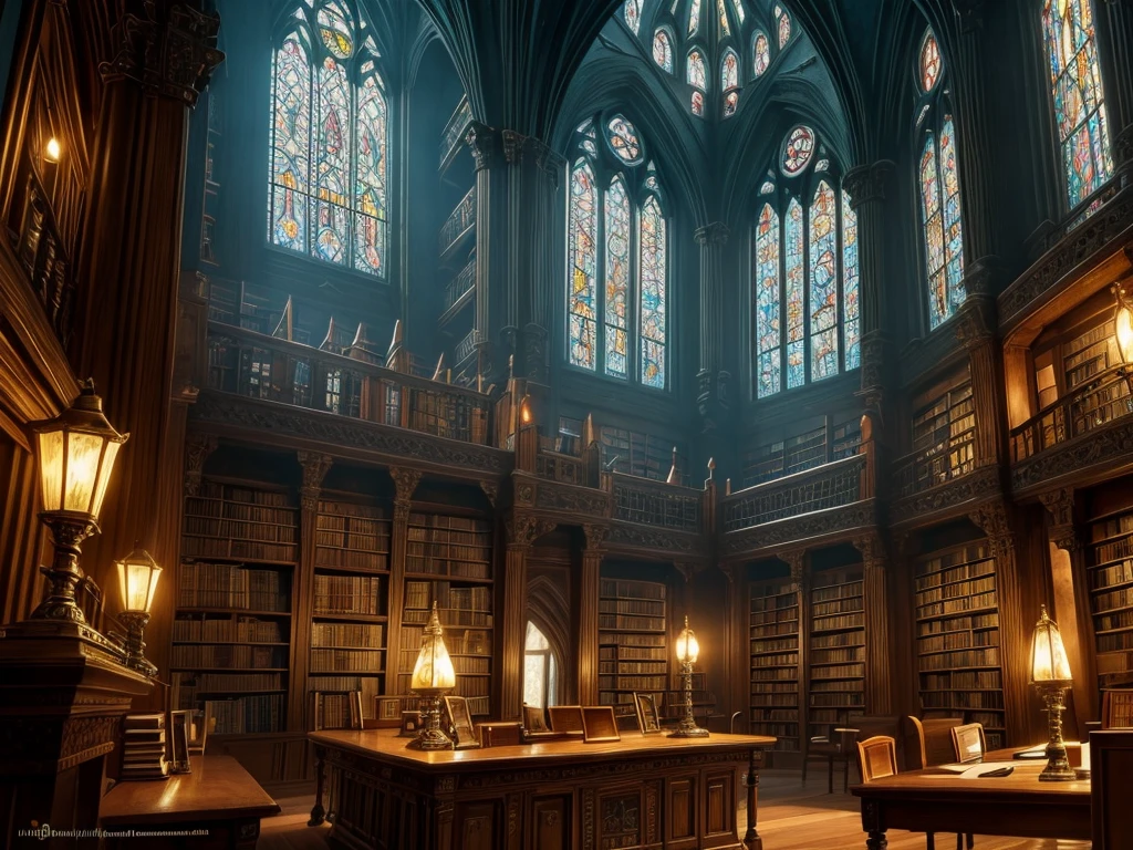 a fantastical old library, bioluminescent mineral gems illuminating the interior, large stained glass window in the background, desks and chairs, (best quality,8k,highres,masterpiece:1.2),ultra-detailed,realistic,photorealistic,photo-realistic:1.37,ornate,medieval,dramatic lighting,intricate architecture,detailed textures,moody atmosphere,warm colors, with some Librarian Kobolds in the background