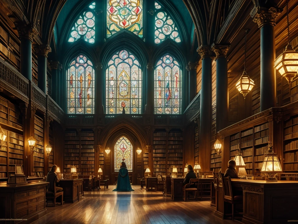 a fantastical old library, bioluminescent mineral gems illuminating the interior, large stained glass window in the background, desks and chairs, (best quality,8k,highres,masterpiece:1.2),ultra-detailed,realistic,photorealistic,photo-realistic:1.37,ornate,medieval,dramatic lighting,intricate architecture,detailed textures,moody atmosphere,warm colors, with some Librarian Kobolds in the background