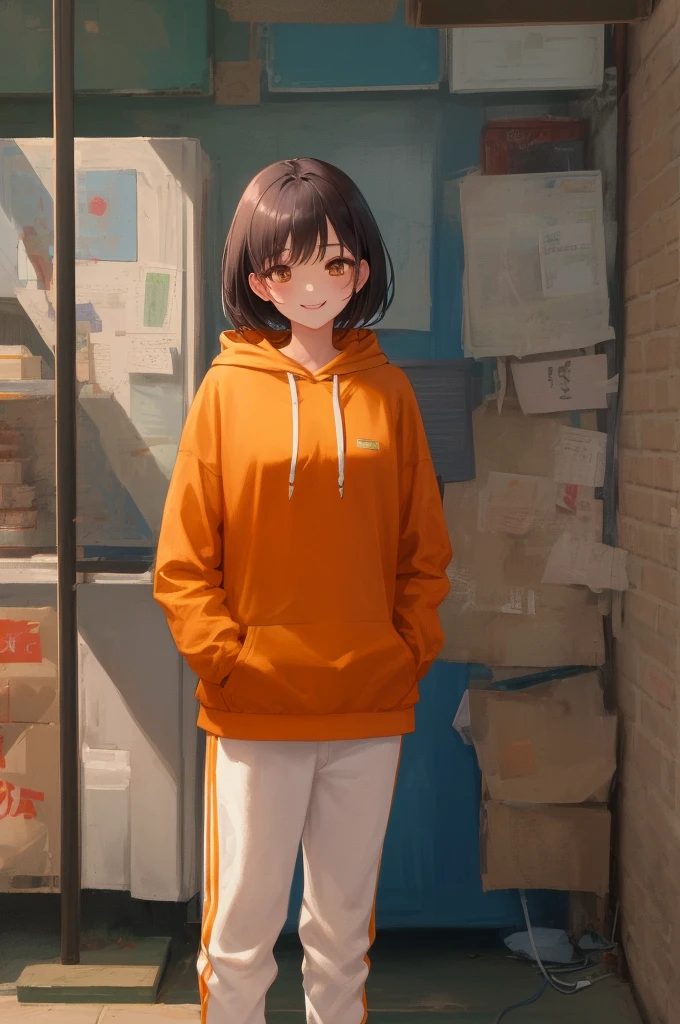 Jade, short black hair, brown eyes, hands in pockets,  upper body, smiling, 
JaOran, orange short sleeved hoodie, white long sleeves, hood down, sneakers , blue pants, 
cartoon Hong Kong,  morning, 
(insanely detailed, beautiful detailed face, masterpiece, best quality) cinematic lighting,
 