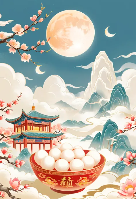 , Fine lines，(Golden section composition), (Golden Ratio),Minimalism，Mountain, lantern, Auspicious Clouds, Peach Blossom, Kongmi...