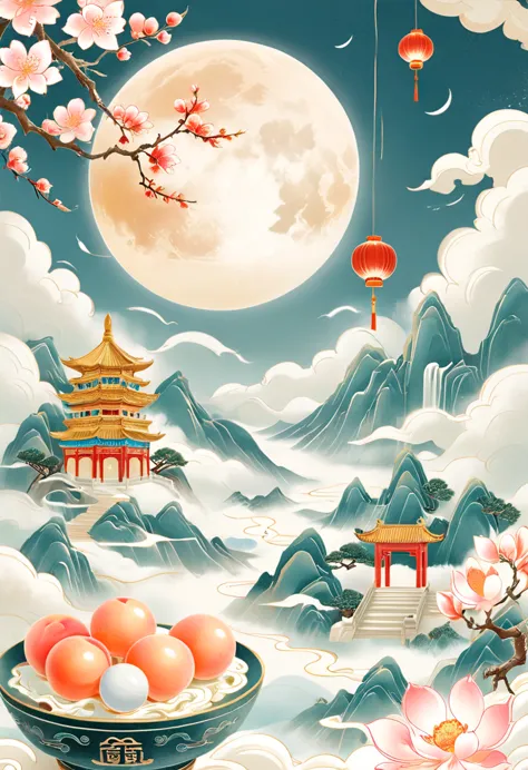 , Fine lines，(Golden section composition), (Golden Ratio),Minimalism，Mountain, lantern, Auspicious Clouds, Peach Blossom, Kongmi...