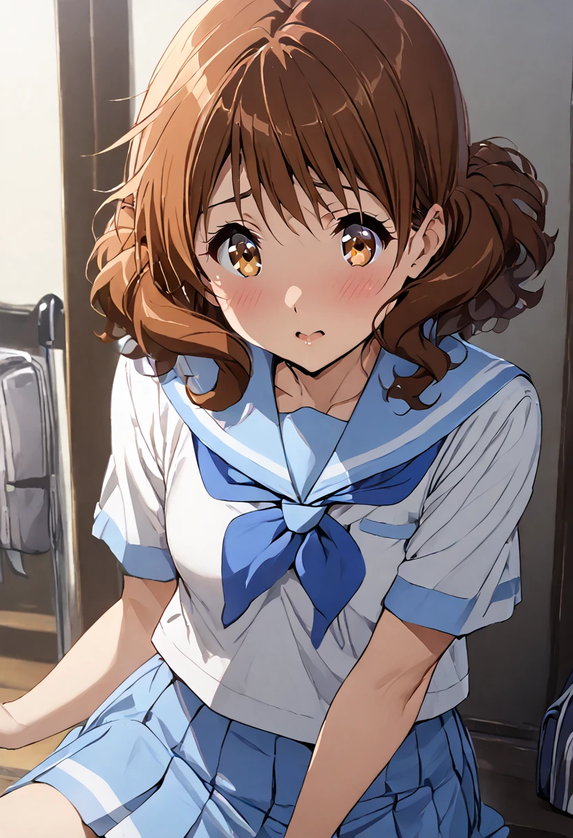 highest quality, masterpiece, detailed, nsfw, 1 girl, kumiko oumae, brown eyes, brown hair, short hair, wavy hair, skirt, shirt, , white shirt, short sleeves, pleated skirt, serafuku, sailor collar, blue skirt, neckerchief, blue sailor collar, school bag, blue neckerchief, kitauji high , 