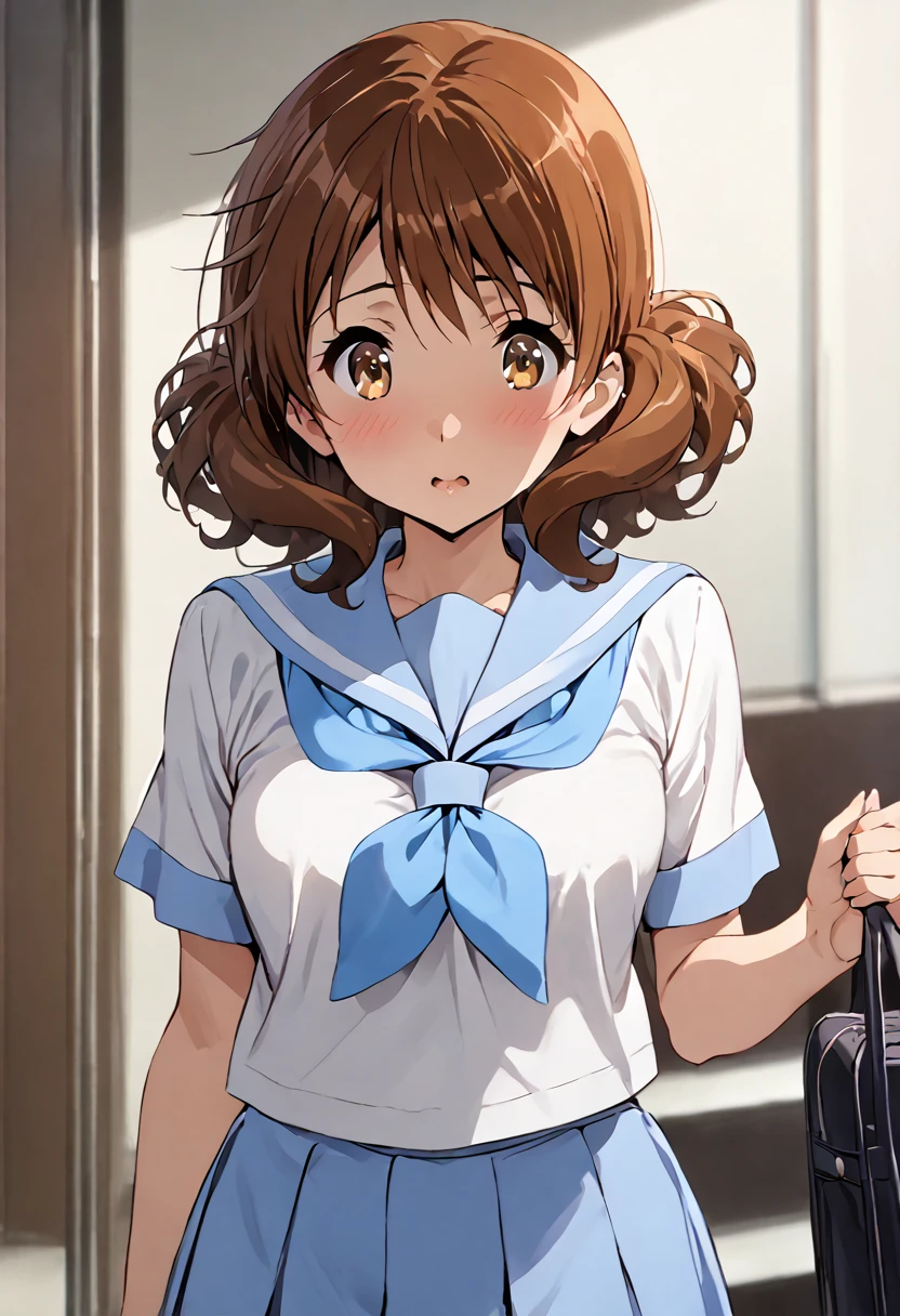 highest quality, masterpiece, detailed, nsfw, 1 girl, kumiko oumae, brown eyes, brown hair, short hair, wavy hair, skirt, shirt, , white shirt, short sleeves, pleated skirt, serafuku, sailor collar, blue skirt, neckerchief, blue sailor collar, school bag, blue neckerchief, kitauji high , 