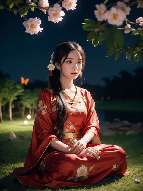 guqinghan,hell,chinese clothes,china dress, (night), in the park under the moonlight，a beautiful girl sitting among the flowers，...