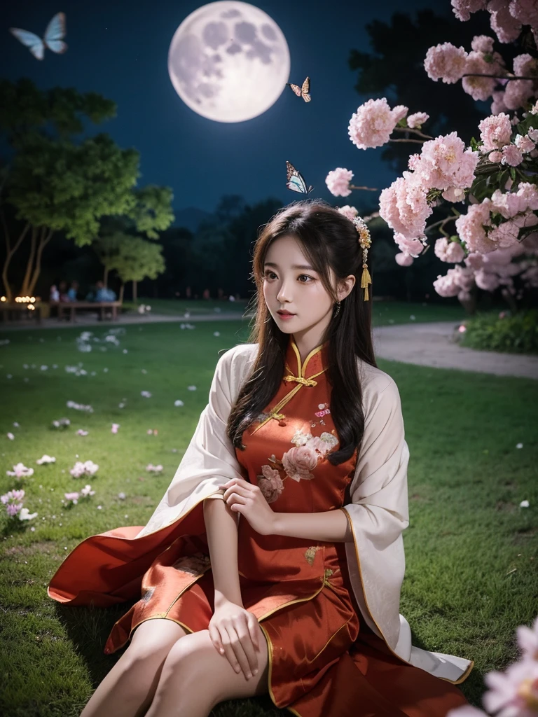 guqinghan,hell,chinese clothes,china dress, (night), In the park under the moonlight，A beautiful girl sitting among the flowers，Surrounded by blooming flowers and fluttering butterflies。Girl&#39;s cleavage is visible，The body leans back，Support your body with your elbows，Showing an elegant and seductive posture。She has a very beautiful、Well-proportioned legs，Anatomically correct。The girl&#39;s face is delicate，Bathed in the soft moonlight，The whole scene is filled with atmospheric lighting effects。Dramatic lighting creates a cinematic atmosphere。The bright smile on the girl&#39;s face adds a touch of fantasy。