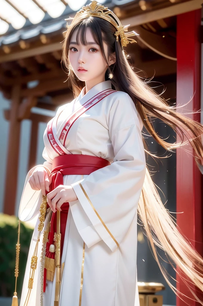 White hunting uniform, a shinto shrine maiden, detailed face, detailed eyes, detailed lips, long straight brown hair, gold simple thin hair tiara,  red straight lines on white outfit, conservative outfit, holding silver scissors, standing in a shrine courtyard, upper body closeup, high quality, digital art, photorealistic, dramatic lighting, cinematic, masterpiece