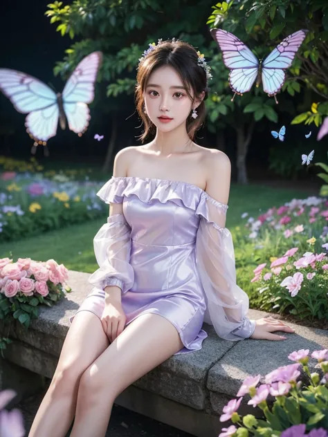 seethru, off shoulder short dress (night), iridescence, in the park under the moonlight，a beautiful girl sitting among the flowe...