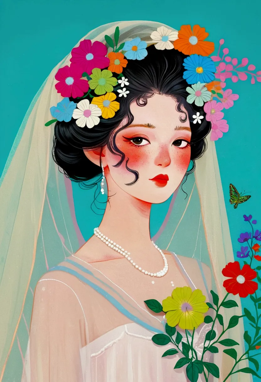 There is a woman wearing a veil，Flowers on the veil, dignified, Inspired by jeonseok lee, artwork in the style of Gu Weiss, Beep...