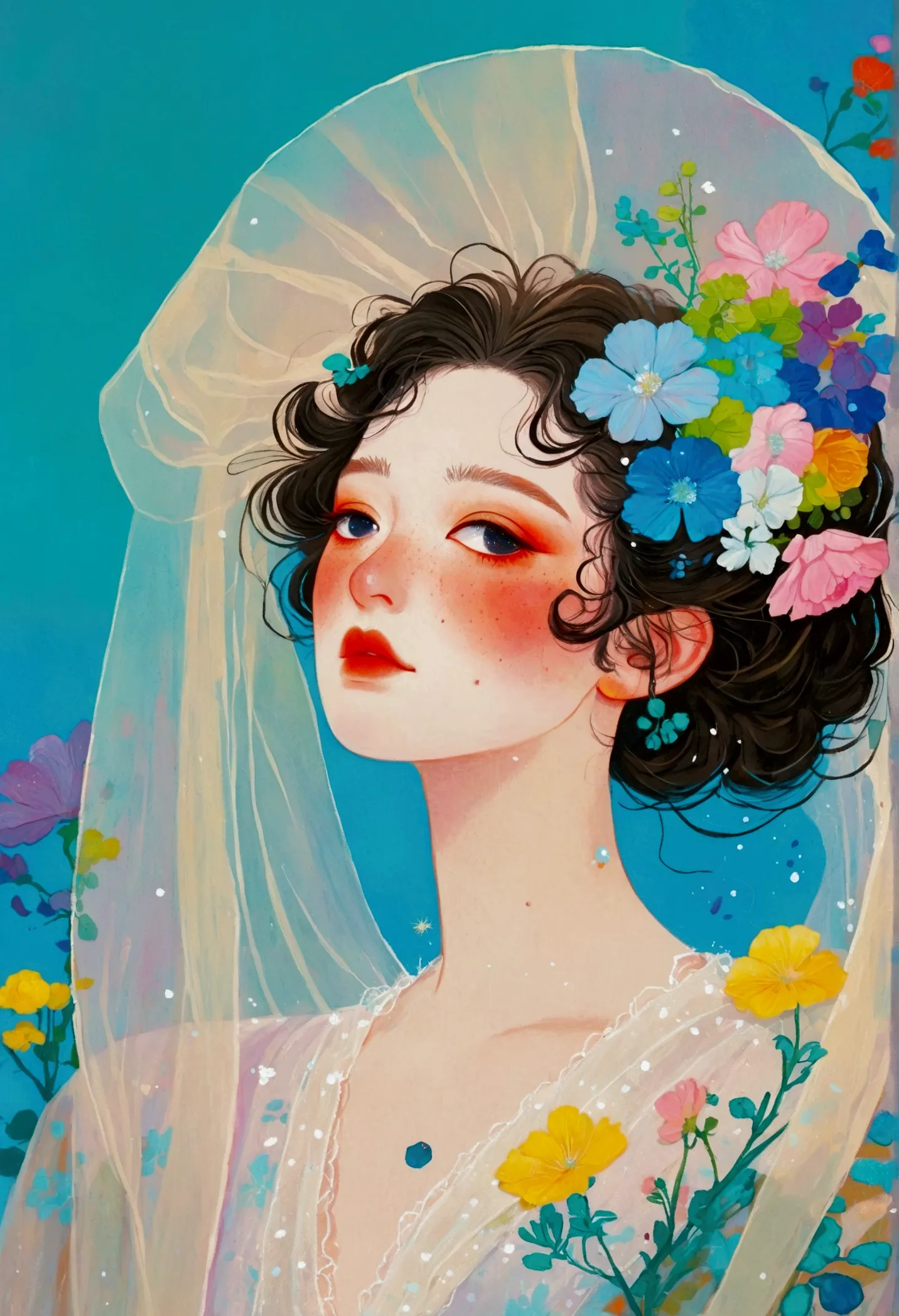 there is a woman wearing a veil，flowers on the veil, a detailed painting inspired by jeonseok lee, tumblr, fantasy art, dignifie...