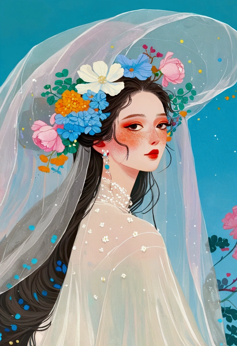 有一位戴着面纱的女人，面纱上的花朵, 凝重, 灵感来自 jeonseok lee, artwork in the style of 顾维斯, beeple 和 jeremiah ketner, 顾维斯, 优雅花朵朋克, 博沃艺术风格, 奇妙的艺术, 🌺 cg社会, 白色透明面纱, 梦幻而细致