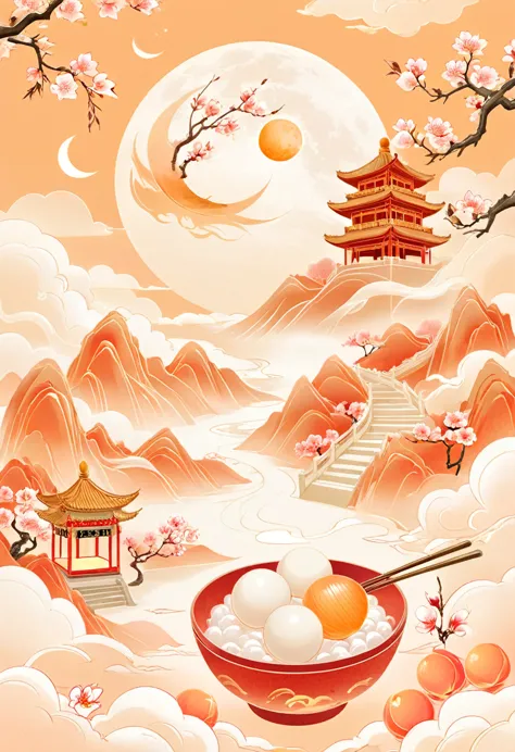 , Fine lines，(Golden section composition), (Golden Ratio),Minimalism，Mountain, lantern, Auspicious Clouds, Peach Blossom, Kongmi...