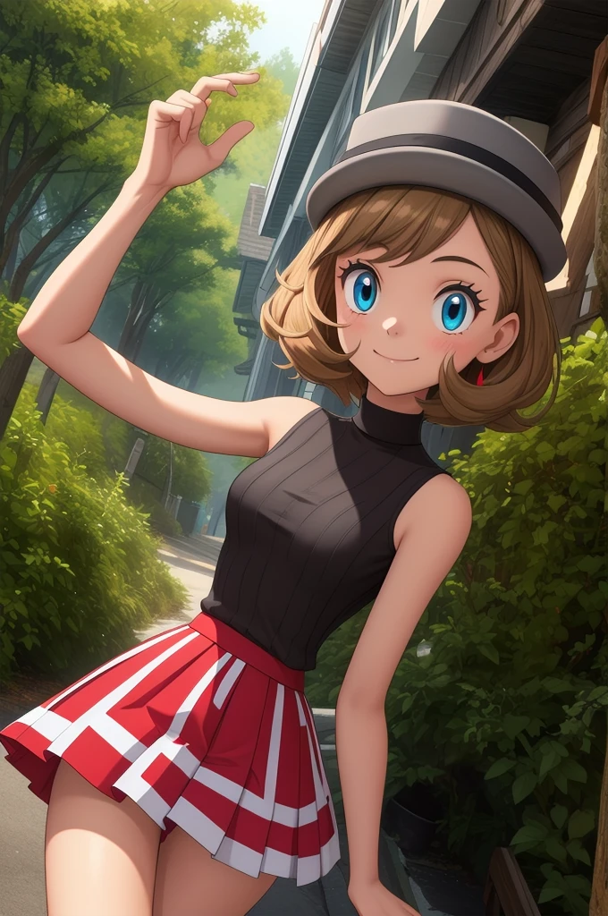 pkmnserena, 1 chica, Alone, blue eyes, por rubio, cabello corto, Hits, tiene, sombreros grises,
la camisa negra, suéter tipo con cuello de tortuga, Sin mangas, falda roja, falda plisada, muslos negros,
sonrisa,boca cerrada,tiro de vaquero,sesión,
bosque,exterior,
(increíblemente detallado, hermoso rostro detallado, obra maestra, mejor calidad) iluminación cinematográfica,