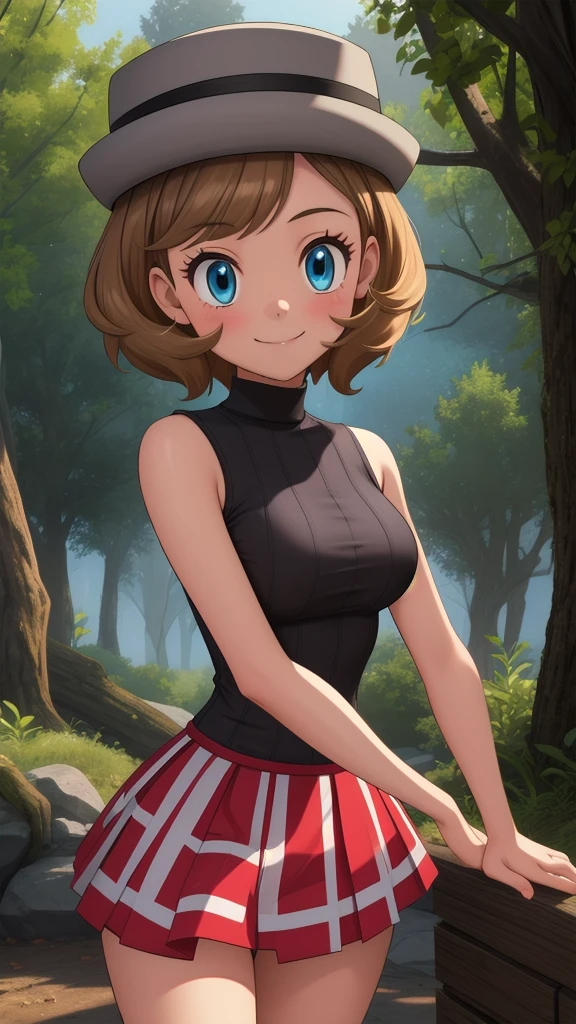 pkmnserena, 1 chica, Alone, blue eyes, por rubio, cabello corto, Hits, tiene, sombreros grises,
la camisa negra, suéter tipo con cuello de tortuga, Sin mangas, falda roja, falda plisada, muslos negros,
sonrisa,boca cerrada,tiro de vaquero,sesión,
bosque,exterior,
(increíblemente detallado, hermoso rostro detallado, obra maestra, mejor calidad) iluminación cinematográfica,