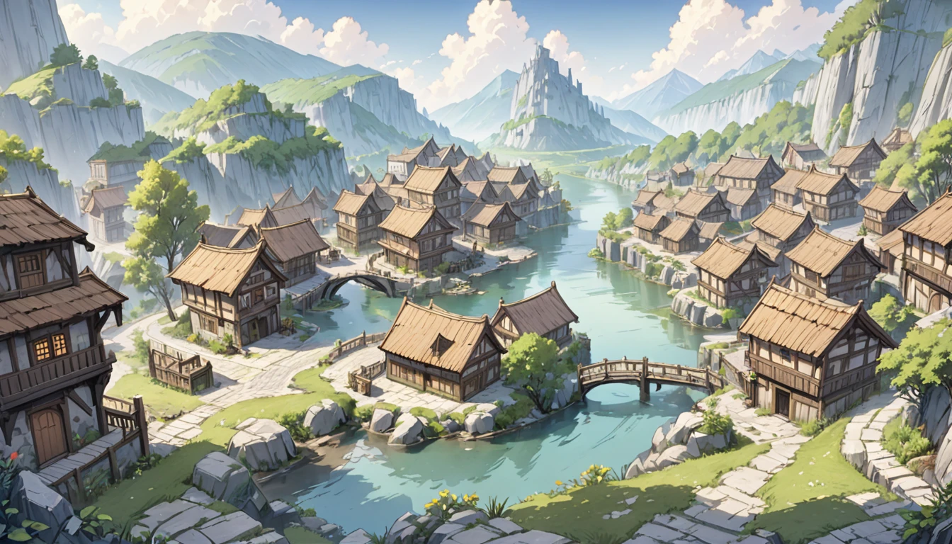 middle Ages　 Fantasy RPG Landscape Stone City Landscape, no humans, no peoples, bard　bar, lots of wooden houses