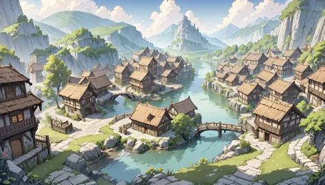 middle ages　 fantasy rpg landscape stone city landscape, no humans, no peoples, bard　bar, lots of wooden houses