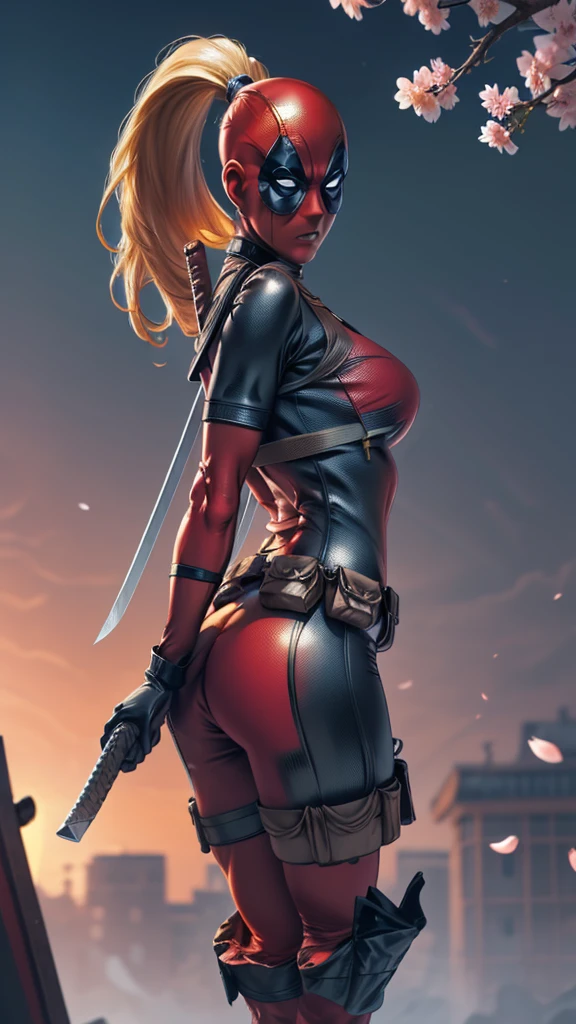 chef-d&#39;œuvre, Meilleure qualité, haute résolution, contrasté,
le maillot de corps_Dame_Dead Pool_proprewaifu,
1fille, masque, cheveux blond, queue de cheval, cheveux longs, gros seins, pas d&#39;élèves, 
le maillot de corps, peau tendue, super-héros, pochette de ceinture, ceinture utilitaire, red le maillot de corps, gants, arme sur le dos, poche de cuisse, sangle de cuisse, étui de cuisse, boucle de ceinture,  seulement, tir de cow-boy, regarder le spectateur,  avancer avec une brise légère. fleurs de cerisier soufflées par la brise de l&#39;arbre